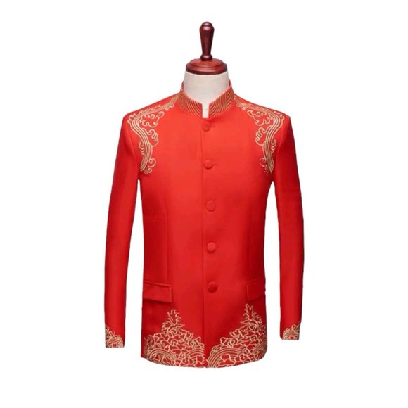 Red Chinese Wedding Suit Changshan with Gold Embroidery China Asian Traditional - Picture 1 of 8
